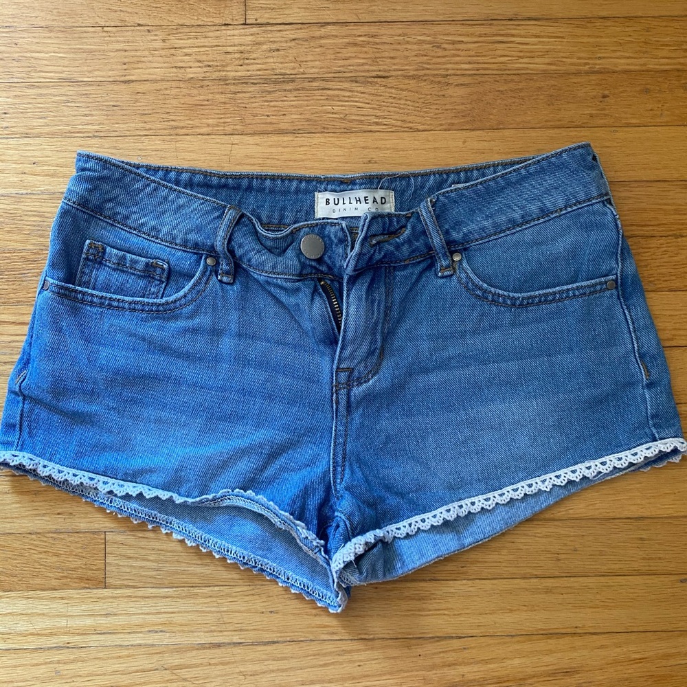 Low Rise Denim Shorts with Scallop Trim